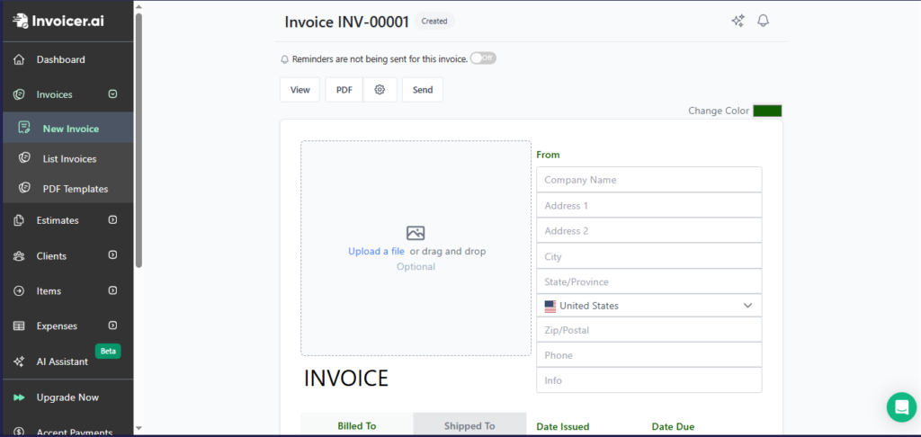 Invoicer.ai invoice editor showing payment reminders toggle and invoice details