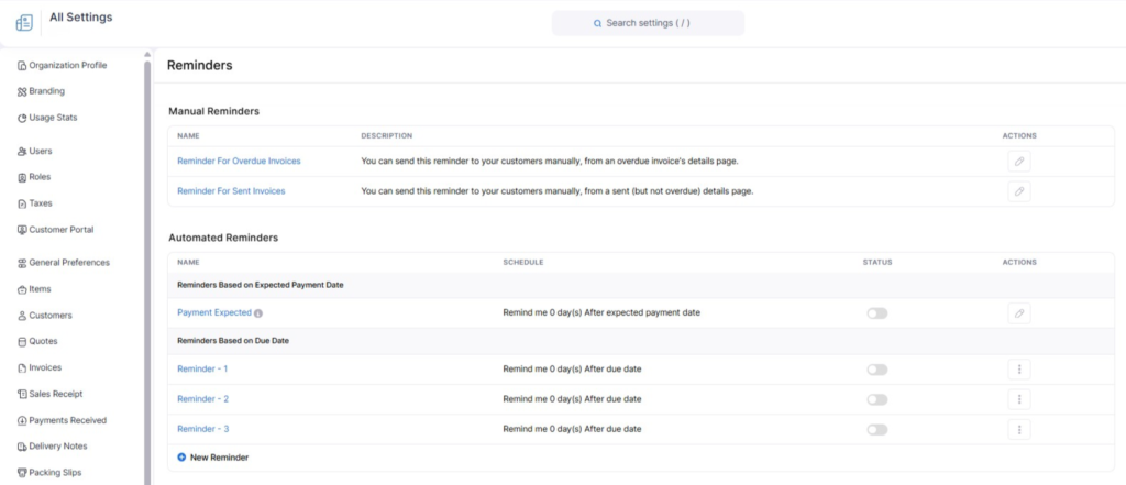 Zoho Invoice reminders settings showing manual and automated reminders.