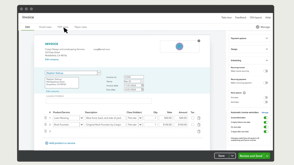 QuickBooks Online invoice editor with automatic payment reminders toggled on.

